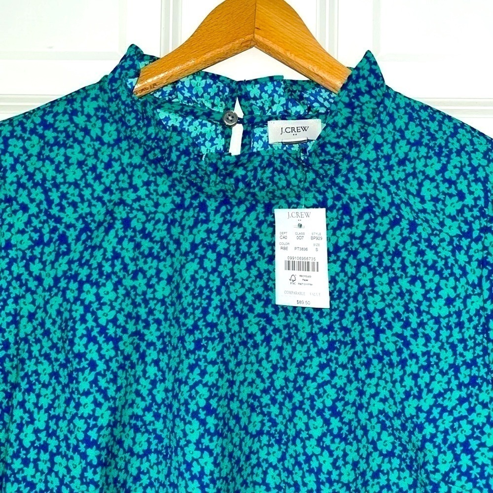 NWT J.CREW Women's Small Floral Long Sleeve Ruffle Neck Top Green Blue Blouse